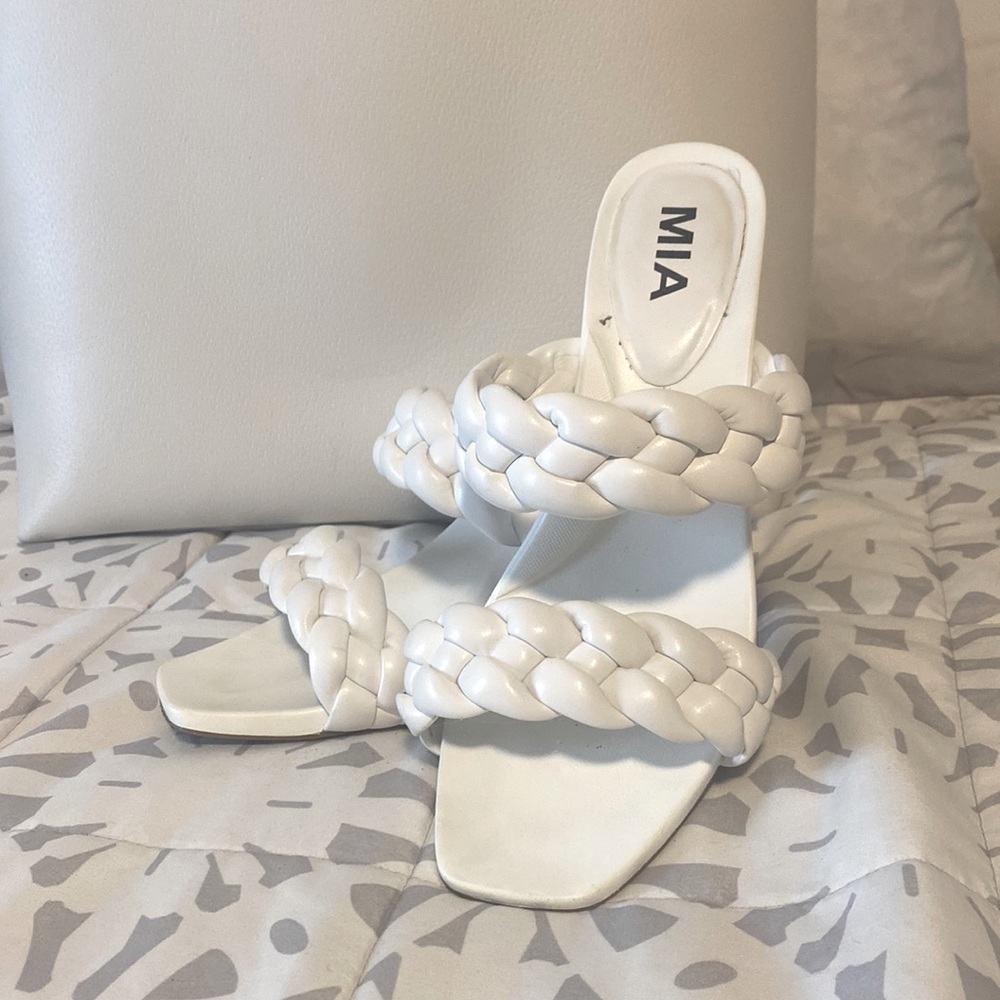 White Braided Mia Sandals with 3 inch heels.